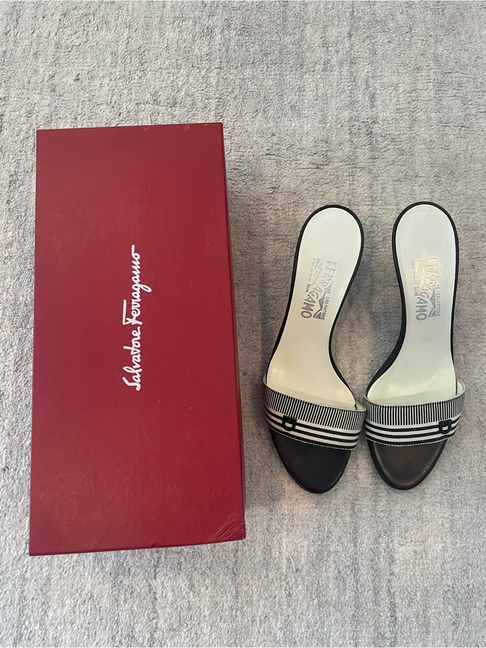 Salvatore Ferragamo Black and White Striped Slide Mules
